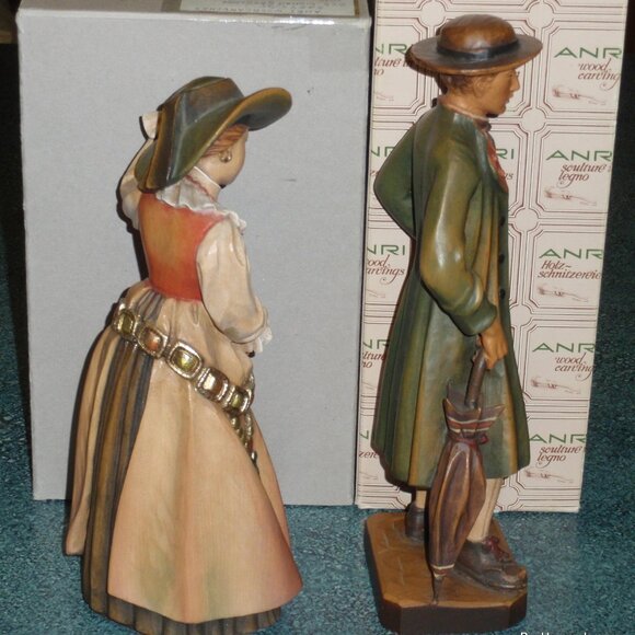 10" ANRI WOOD CARVED PAIR SET OLD GROEDNER MAN AND WOMAN SIGNED WITH BOXES RARE! - Picture 3 of 11